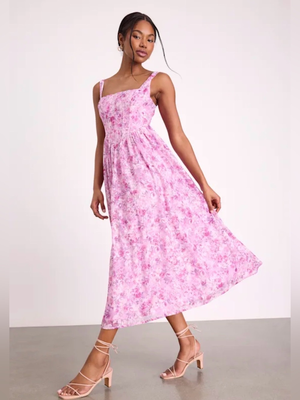 Lulus Colwyn Light Magenta Floral Midi Dress NWT L